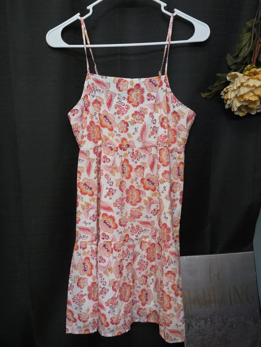 LOFT SZ XS Petite Pink & Yellow Floral Butterfly Spaghetti-Strap A Line Dress